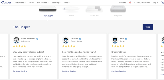 Customer reviews for Casper mattress with five-star ratings displayed on website.