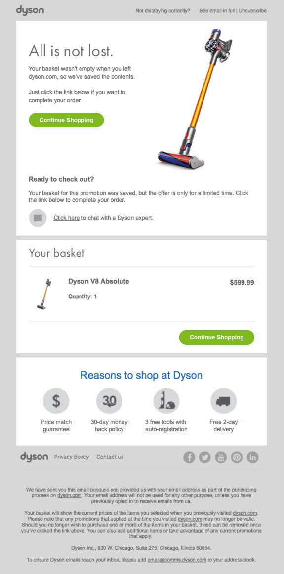 Dyson V8 Absolute vacuum promotion email reminding to complete purchase with basket details.