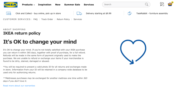 IKEA return policy information with heart icon and text about changing your mind