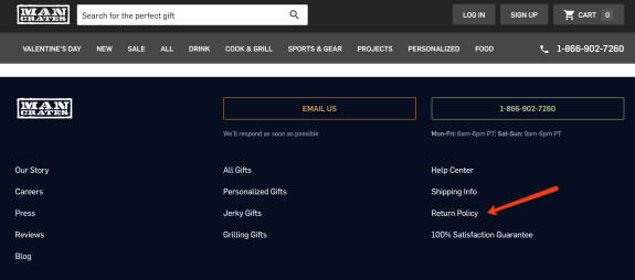 Man Crates website footer showing navigation links and contact information.