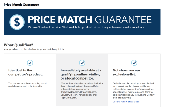 Price match guarantee promotion with criteria for eligibility listed below.