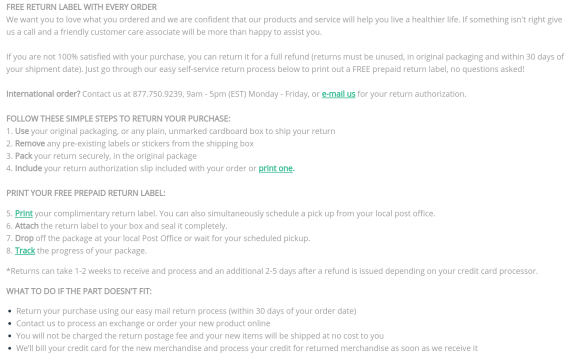 Instructions for returning a purchase with a prepaid label and customer service contact details.