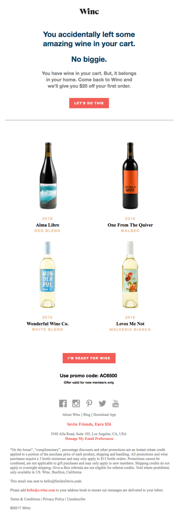 Winc promotional email offering $20 off first wine order with promo code AC6500.