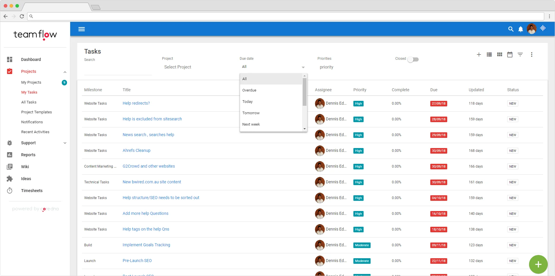 Project management dashboard displaying tasks and due dates.