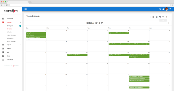 Screenshot of TeamFlow tasks calendar for October 2018 with scheduled tasks.
