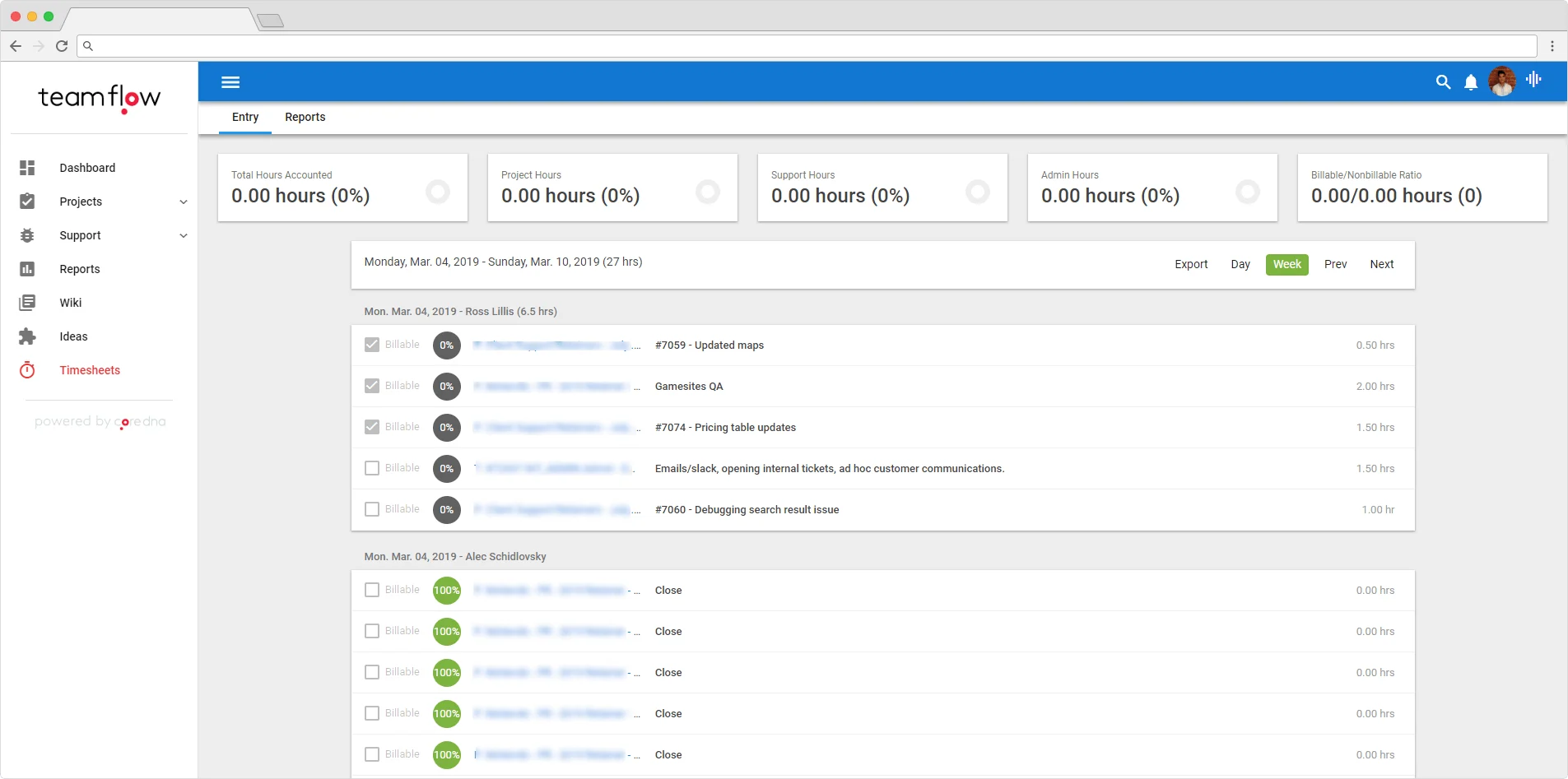 Screenshot of a timesheet management dashboard showing hours and tasks.