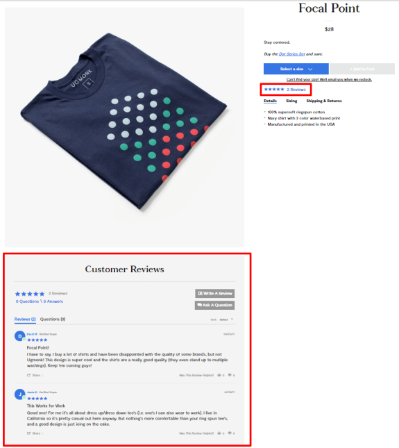 Navy t-shirt with multicolor dot pattern and customer reviews displayed.