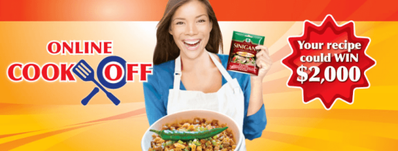 Woman holding Sinigang mix promoting online cook-off contest with $2,000 prize.