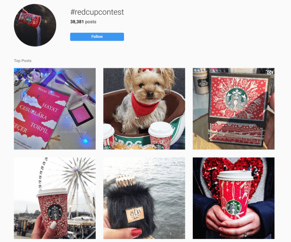 Instagram grid with red Starbucks cups, small dog, and Ferris wheel for red cup contest.