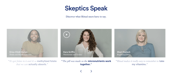 Three people sharing testimonials about Ritual products.