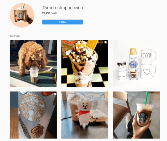 Instagram gallery of top smores frappuccino posts, including drinks and themed items.