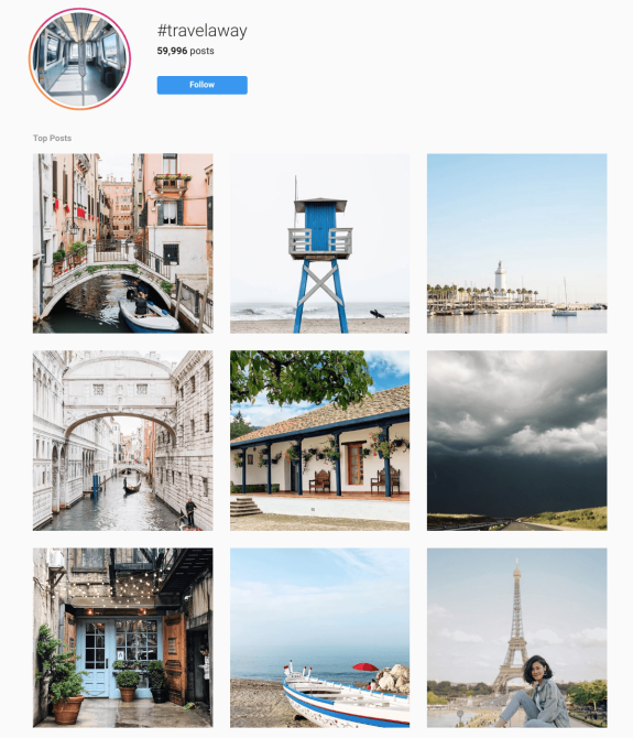 Instagram collage with travel photos including Venice canal, beach lifeguard tower, and Eiffel Tower.