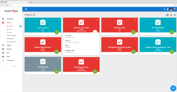 Project management dashboard interface with multiple project cards and navigation menu.