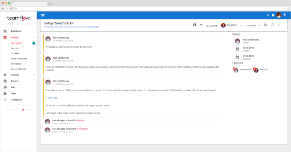 Screenshot of Teamflow project management dashboard showing tasks and project details.