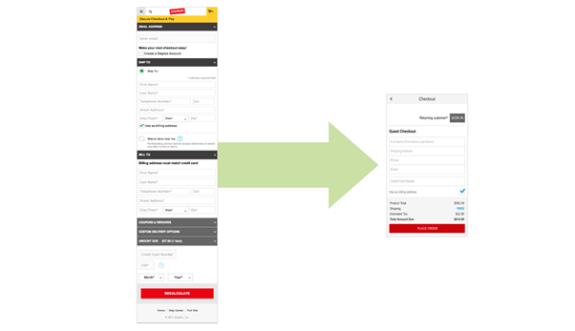 Comparison of two checkout page designs with an arrow between them.