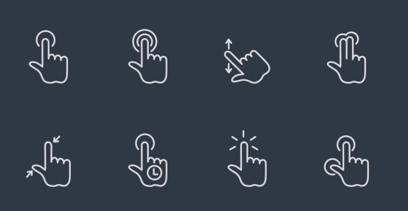 Set of hand gesture icons for touchscreen UI on dark background.