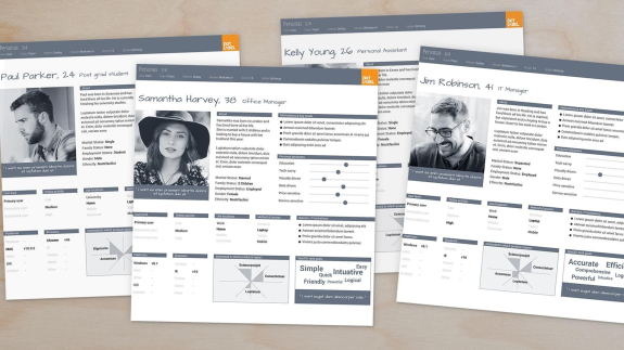 Four user persona profile documents with photos and details on a desk.