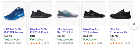 Various Nike running shoes with prices and reviews displayed in a shopping ad.