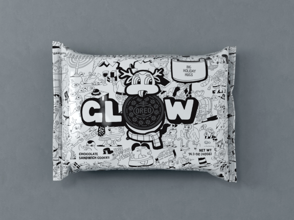 Oreo holiday edition cookie packaging featuring festive designs and the word GLOW.