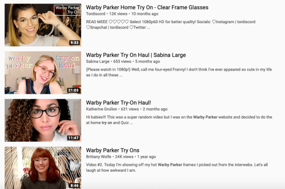 Screenshot of YouTube thumbnails for Warby Parker try-on and review videos.