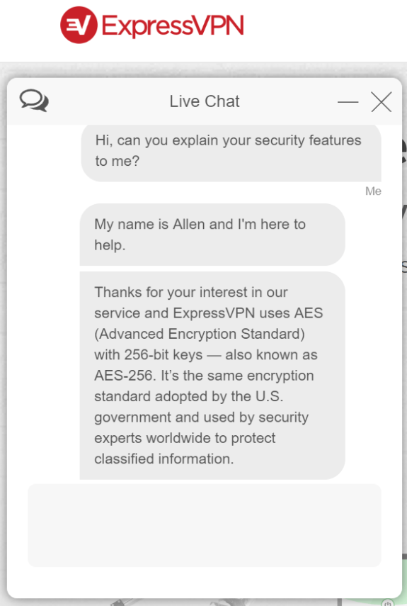 ExpressVPN live chat discussing security features and encryption standards.