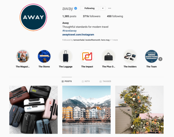 Away Travel Instagram profile showcasing luggage and travel images.