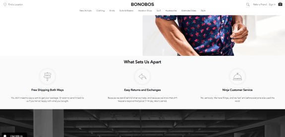 Bonobos website homepage showing free shipping, easy returns, and customer service features.