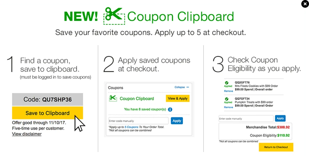 Infographic showing steps to use coupon clipboard for saving and applying coupons at checkout.