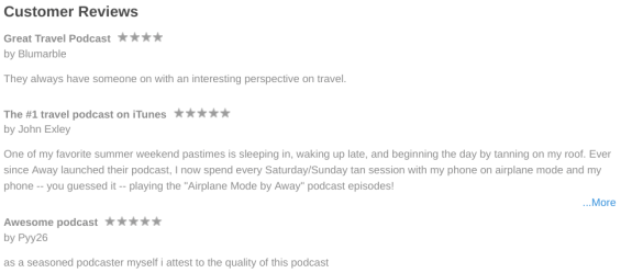Customer reviews of travel podcasts with ratings and feedback.