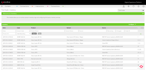 Core dna inventory management dashboard showing product logs and configurations.