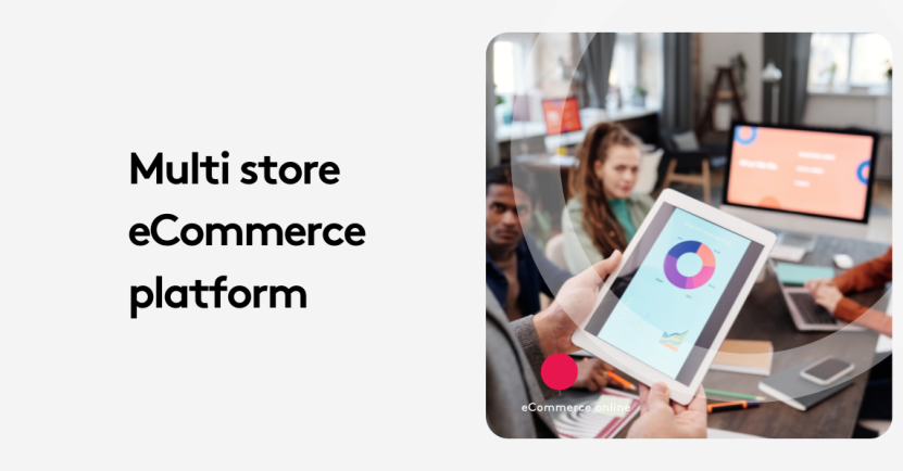 Team meeting discussing multistore eCommerce platform with tablet displaying analytics.