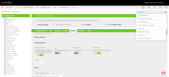 Dashboard showing product catalogue management interface with category options.