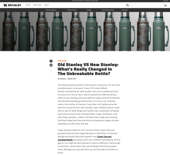 Stanley bottle comparison showing old and new designs with article text.