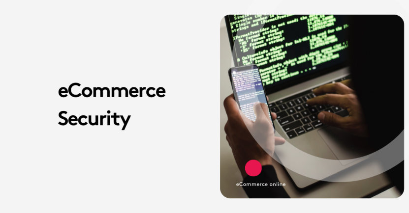 Person holding phone with coding display, typing on laptop, text ecommerce security.