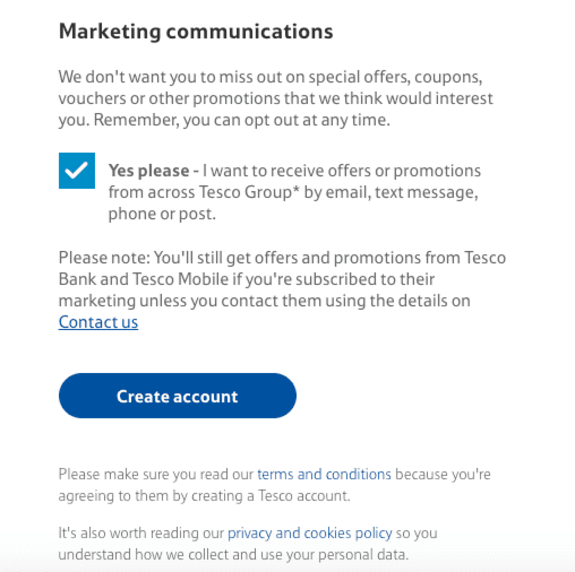 Tesco marketing communication consent form with create account button.