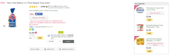 New York Bakery Co. plain bagels promotion with price and ratings