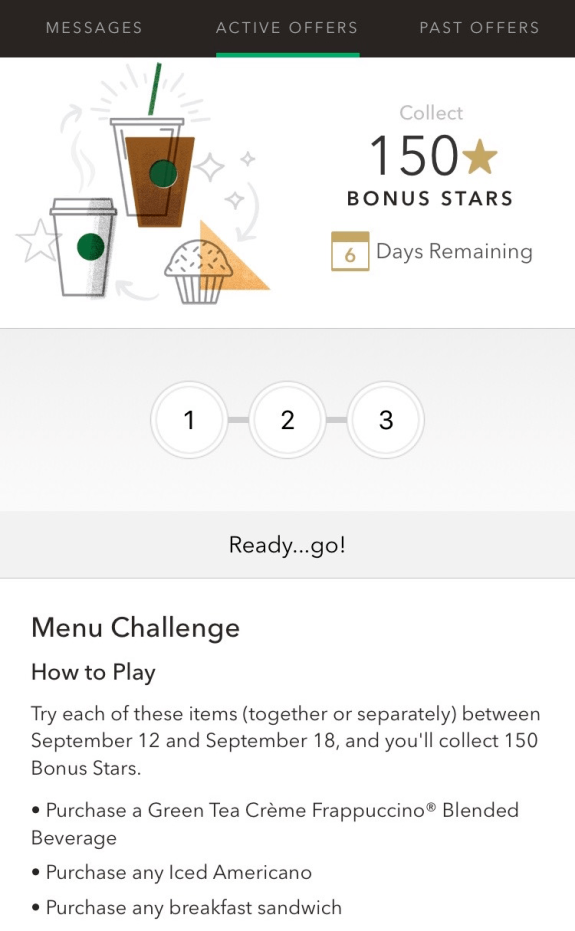 Starbucks bonus stars menu challenge with coffee cups and muffin illustration.