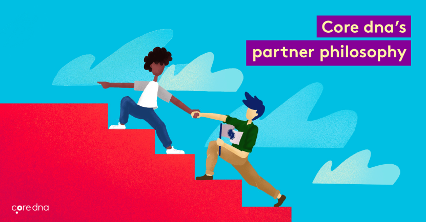 Illustration of two people helping each other with Core dna partner philosophy text.
