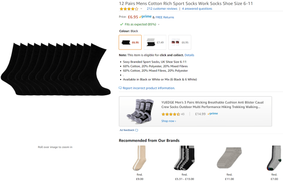 12 pairs of men's black cotton sport socks displayed in a row, product listing on e-commerce site.