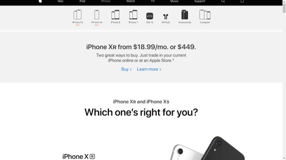 Apple iPhone XR and XS promotion page with pricing and options.