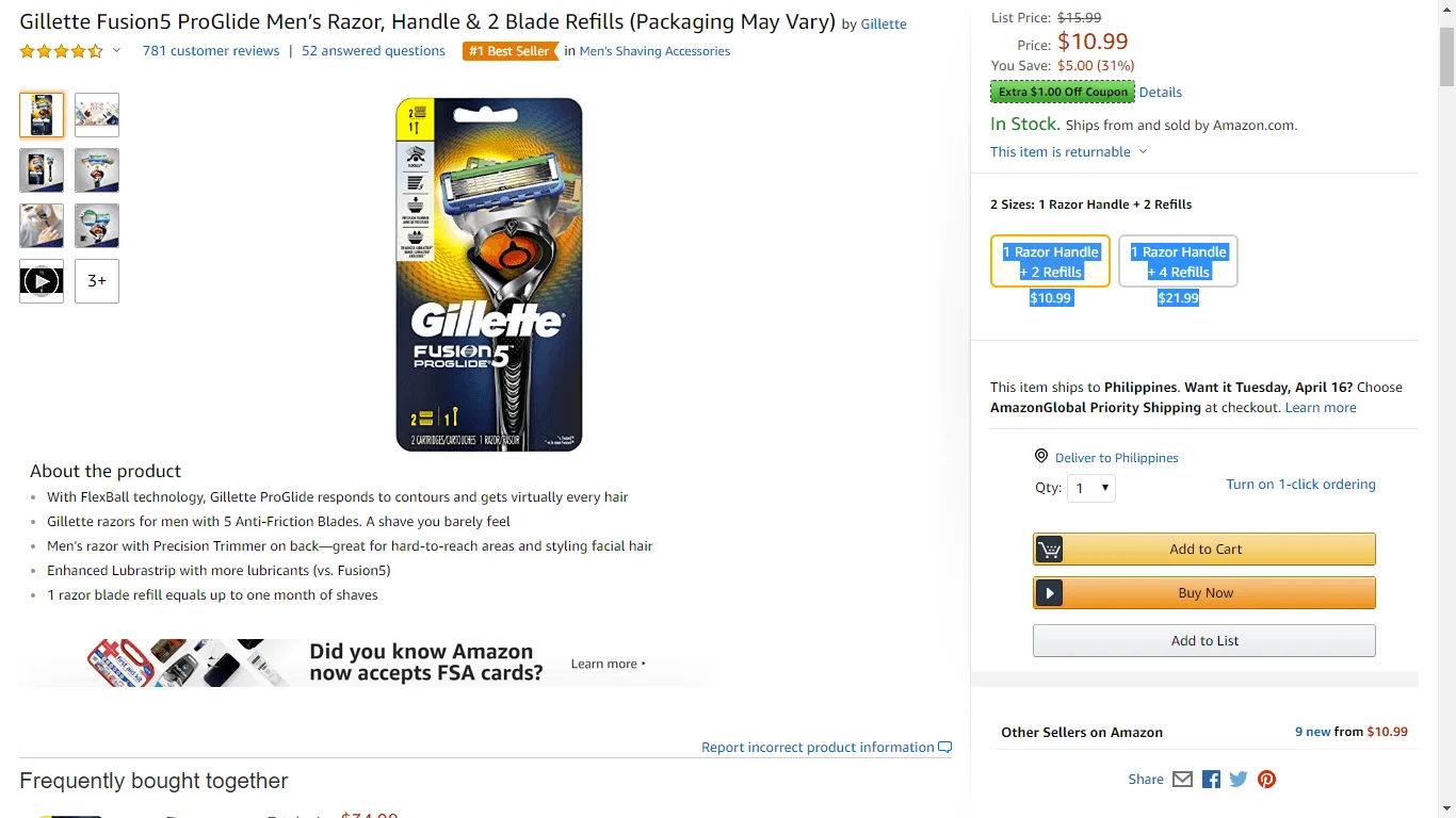 Gillette Fusion5 ProGlide razor with handle and 2 blade refills packaging.
