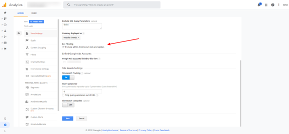 Google Analytics admin settings showing bot filtering option highlighted.
