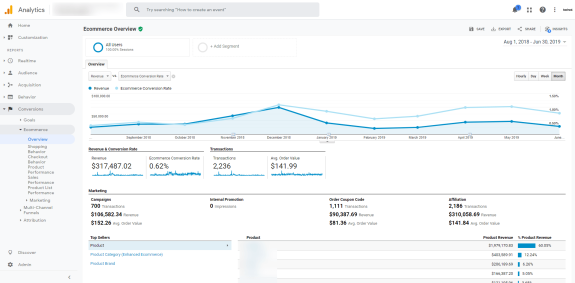 Google Analytics ecommerce overview report with revenue and conversion rate data.