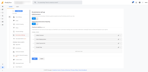 Google Analytics ecommerce setup screen showing funnel steps and settings options.
