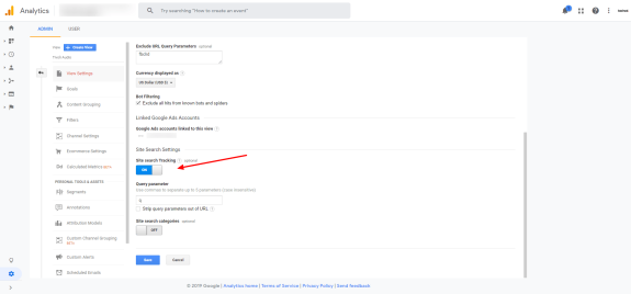 Google Analytics site search tracking settings with options for URL parameters and search categories.
