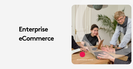 Team collaborating around laptops in a modern office, labeled Enterprise eCommerce.