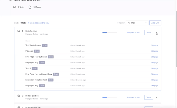 Dashboard showing draft pages in a content management system.