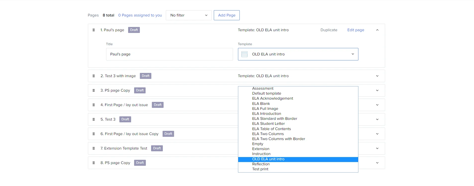 Webpage interface showing draft page list and template selection dropdown.