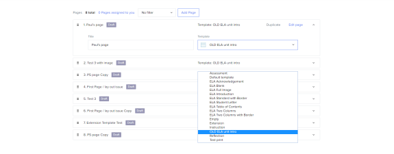 Webpage interface showing draft page list and template selection dropdown.