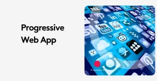 Progressive Web App text with blue app icons background